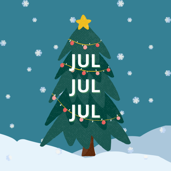 Juletræ i snevejr med teksten jul jul jul.