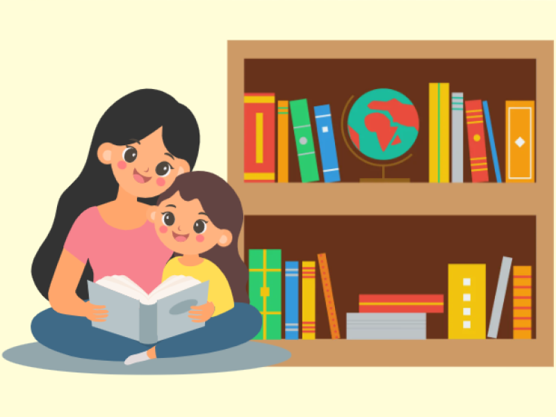 Illustration af kvinde og barn der læser sammen