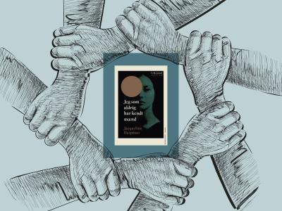 Forsiden af "Jeg som aldrig har kendt mænd" på en baggrund med låste arme som symbol på fællesskab.