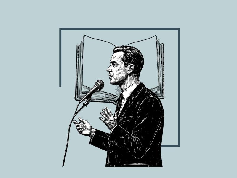 grafik med stregtegning af "politiker" og en bog